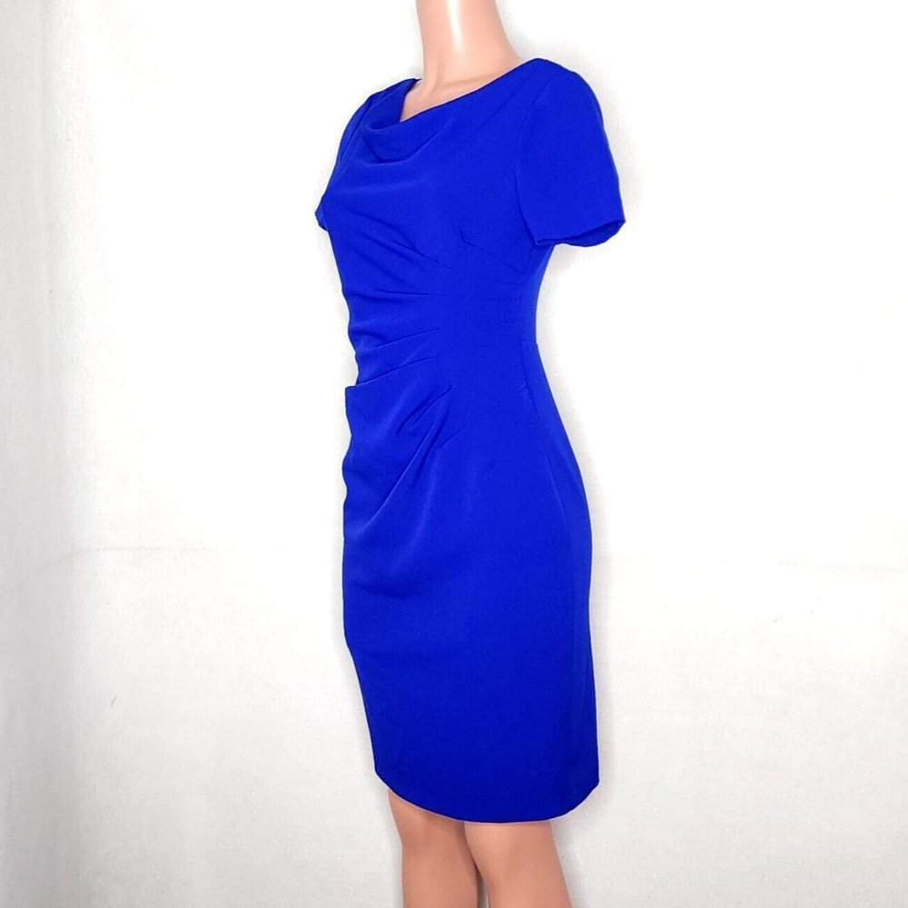 Adrianna Papell Blue Sheath Dress Side Pleats Draped Neckline Short Sleeves - Picture 2 of 6